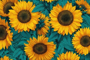 Vibrant yellow sunflowers with dark centers bloom against lush teal foliage