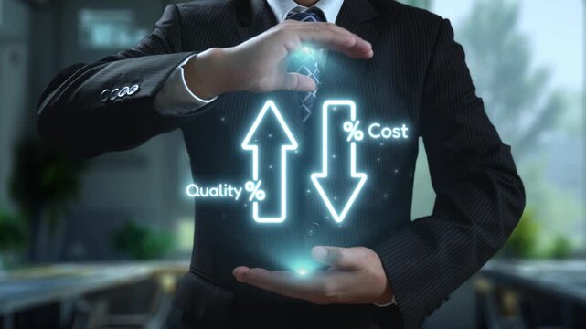 A businessman demonstrates the balance between quality and cost in a modern office. The image symbolizes effective management and innovative strategies for enhancing business performance. Qubit