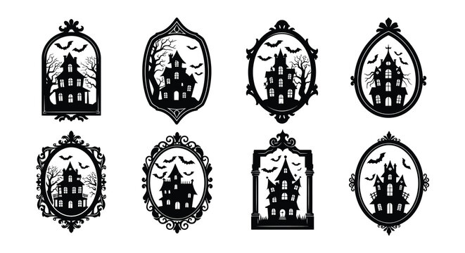Nine ornate halloween frames featuring haunted houses bats and spiderwebs