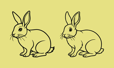Obraz premium Two outlines of sitting rabbits on yellow background simple line art illustration