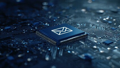 Digital envelope icon glowing on a dark, intricate circuit board