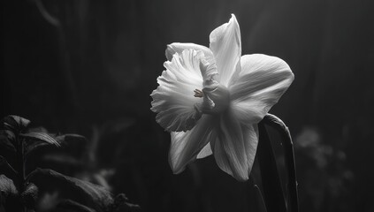 Delicate white daffodil in stark black and white, with soft shadows © Wenda