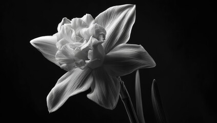 Delicate ruffled petals of a single white daffodil bloom against a dark background