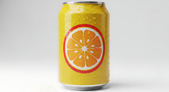 Bright orange can with fresh citrus slice isolated on white background