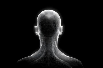 Wireframe human head and shoulders glowing in darkness, from behind