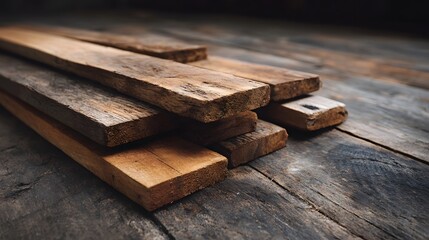 Stacked wooden planks on a rustic wooden surface