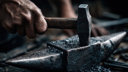 A craftsman's hand hammers hot metal on a heavy anvil, sparks fly