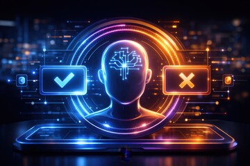 AI decision making with checkmark and cross symbols on futuristic interface