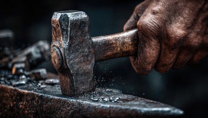Hammer striking anvil sparks fly as blacksmith shapes metal