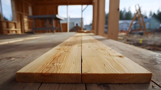 Two parallel raw wooden planks on a construction site floor with visible wood grain