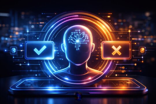 AI decision making with checkmark and cross symbols on futuristic interface