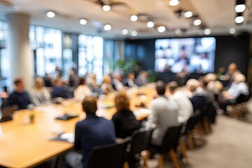 Blurred shot of a hybrid meeting with people gathered around a large table