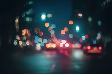 Blurry city street at night, illuminated by bokeh lights from vehicles