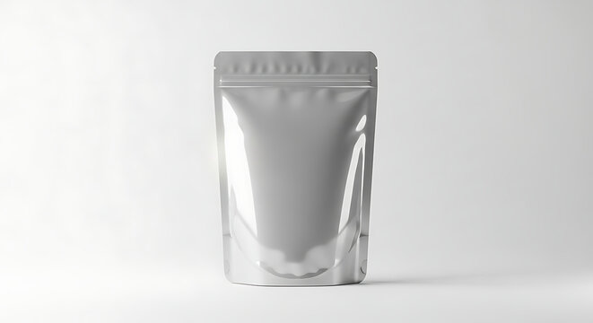Empty silver mylar food storage bag isolated on white background