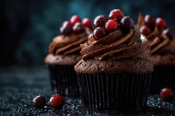 Rich chocolate cupcakes topped with frosting and tart red berries