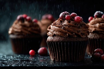 Rich chocolate cupcakes topped with berries, dusted with rain