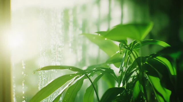 Green plant leaves with water droplets flourishing indoors, receiving bright natural light filtering through a window covered in raindrops, creating a fresh and serene atmosphere