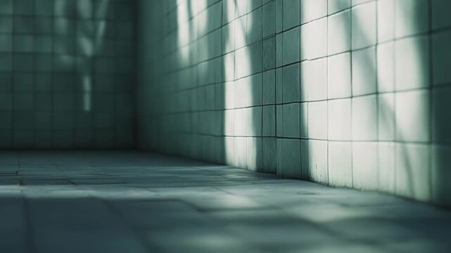 Empty room with green tiled walls and floor, creating a sterile atmosphere and showing strong window light shadows forming abstract shapes on the surfaces, implying isolation and minimalism