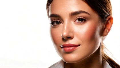Fototapeta premium Portrait of a young woman with glowing skin and subtle makeup.