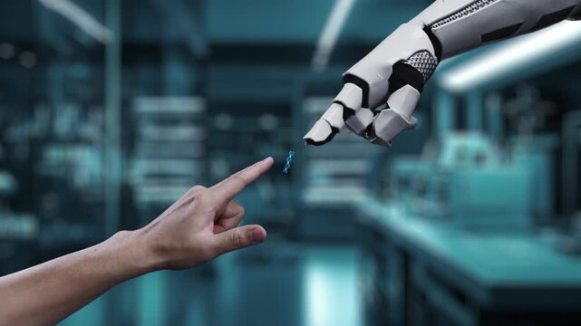 Robot and human reaching hand and pointing finger with DNA holographic floating. Close up of robotic hand and human working together while pointing finger at blurred laboratory background. Salubrious.