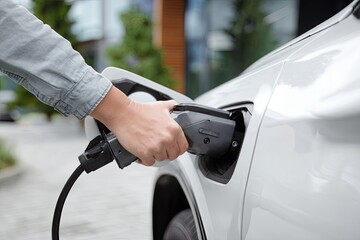 Hand plugging charging cable into a modern electric vehicle at an outdoor charging station