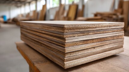 A stack of plywood sheets is neatly arranged on a workbench in a wood workshop highlighting the natural wood grain and texture