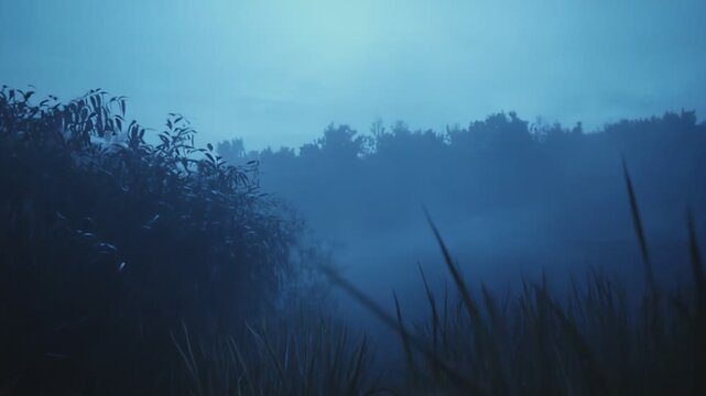 Tall grass blades dominating the foreground, creating a mysterious atmosphere with trees in the background under a dim, hazy blue light, evoking feelings of enigma and wilderness