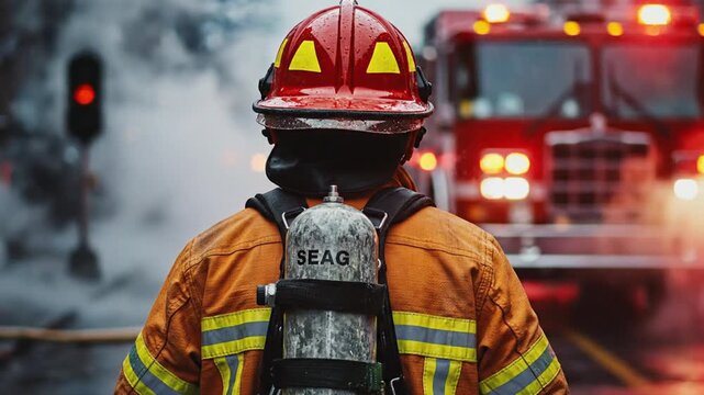 Firefighter stands ready in front of a fire truck amidst smoke and emergency lights on a road