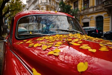 Autumn leaves adorn the hood of a bright red vintage car on a city street