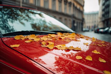 Red car hood with fallen yellow autumn leaves, blurred urban background