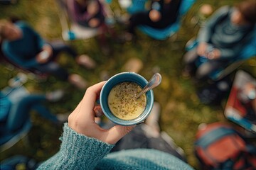 Overhead view of person holding a cup of soup outdoors with friends