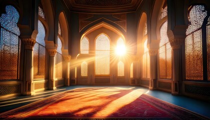 Obraz premium Sunlight streaming through arched windows in a mosque interior.