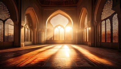 Obraz premium Sunlight streaming through arched windows in a grand hall.