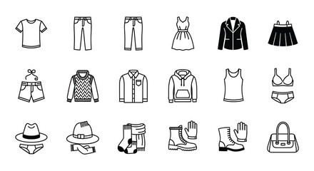 Black and white outline icons depicting various clothing items and accessories