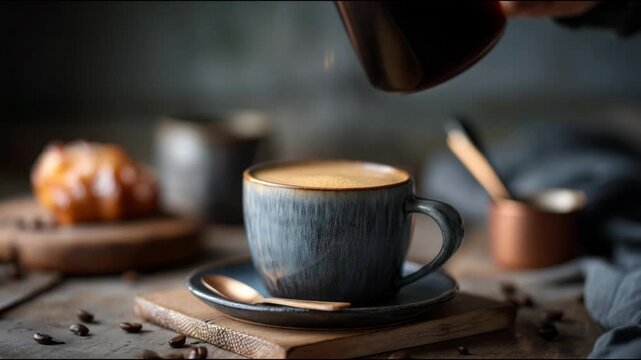 Steaming hot black coffee pouring from a glass server into a ceramic mug on a rustic wooden table