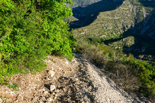A steep gravel path descends through dense green foliage, offering a dramatic view over the rugged cliffs and deep valley of Cirque de Navacelles. Bright sunlight highlights the rocky terrain and