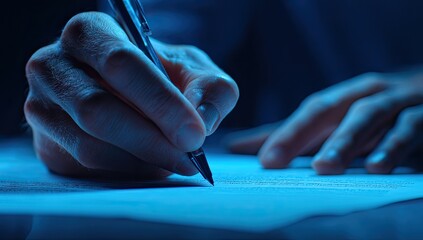 Close-up on hand writing with pen on paper in blue light
