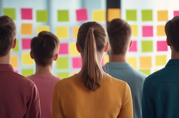 Obraz premium Diverse group of people looking at colorful sticky notes on glass wall for brainstorming and planning in modern office environment
