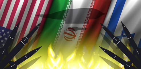 Vector wavy national flags, United States of America, Islamic Republic of Iran and Promised Land. Shadows and silhouettes of rockets. Fire. Shadow of flying american bomber. Military wide banner