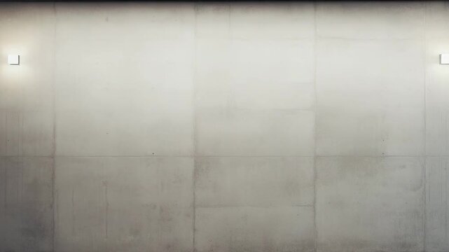 Empty room showcasing a clean concrete wall with textured panels, illuminated by two square minimalist wall lights, complementing the light tiled floor