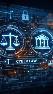 Cyber law digital justice legal technology hologram scale courthouse security data protection online legislation glowing futuristic interface background dashboard symbolizes fairness and online
