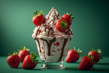 Elegant fine-dining presentation of a strawberry sundae with delicate chocolate drizzle, whipped cream rosettes, and strawberry garnish, against a muted green background