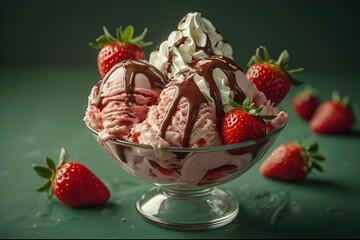 Vintage-style poster of a strawberry ice cream sundae dripping with chocolate, topped with whipped cream and strawberries, with a retro green background.