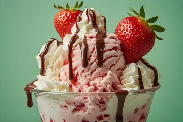 Fantasy-inspired strawberry sundae glowing with chocolate drizzle and whipped cream clouds, strawberries sparkling, set against a magical green background