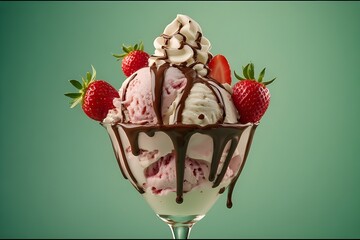 Photorealistic strawberry ice cream sundae with rich chocolate drizzle, garnished with whole strawberries and whipped cream swirls, on a bold emerald, green background