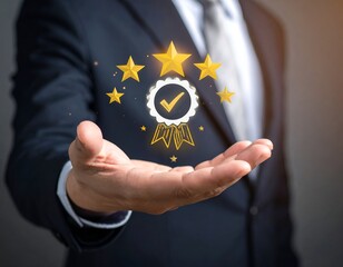 Businessperson holds out hand with floating stars and award icon