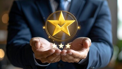 Businessperson holds illuminated gold star, success & approval concept