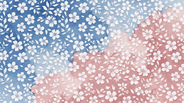 Subtle gradient shift across an animated small repeating floral pattern using soft watercolor textures of sky blue merging into blush pink sky blue, pastel colors, tranquil