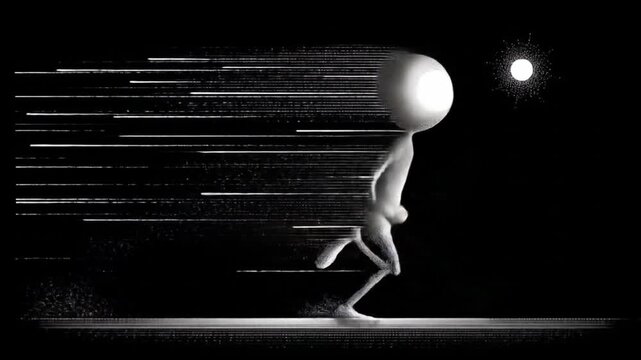 Animated figure runs with speed trails in black and white illustration