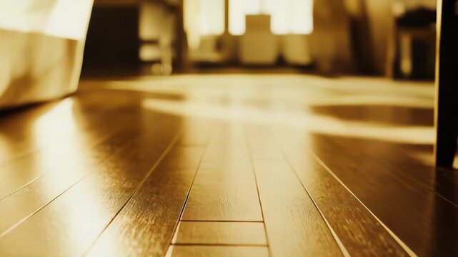 Warm sunlight streaming across a polished hardwood floor, accentuating wood grain, parquet pattern and glossy reflection to create a cozy, bright interior ambiance